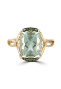 The 14K Yellow Gold Green Amethyst and Diamond Ring, 3.73 TCW, features a large cushion-cut green amethyst center accented with diamonds and an elegant twisted band design.