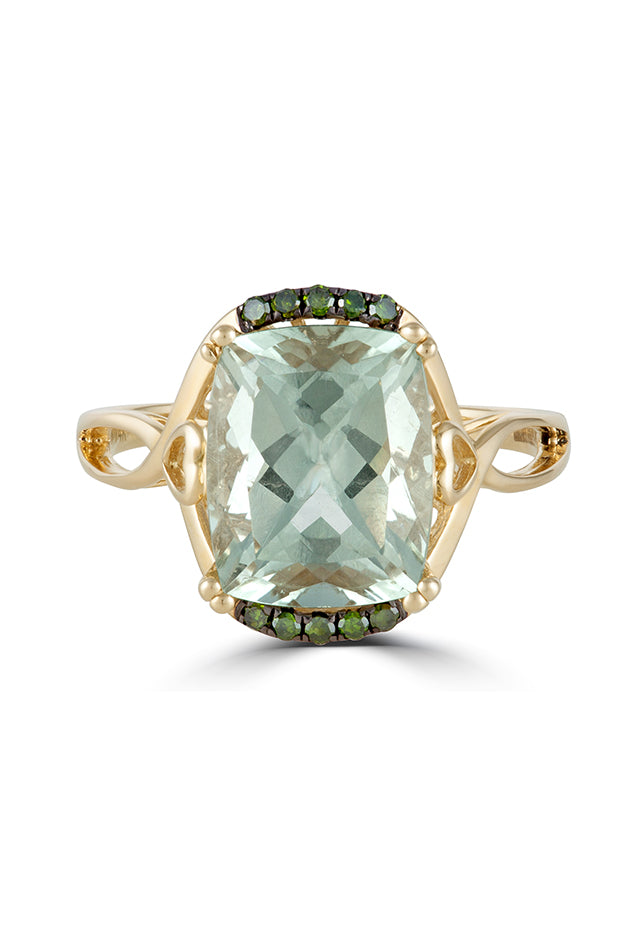 The 14K Yellow Gold Green Amethyst and Diamond Ring, 3.73 TCW, features a large cushion-cut green amethyst center accented with diamonds and an elegant twisted band design.