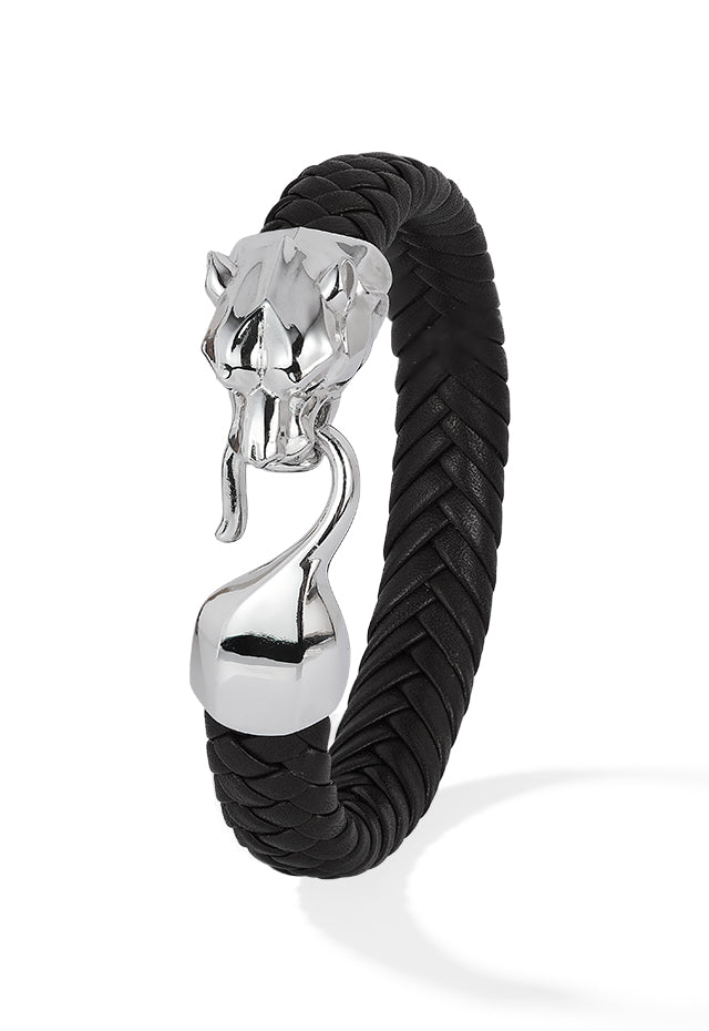 The Mens 925 Sterling Silver and Genuine Italian Leather Bracelet features a black braided band, a silver lion head clasp, and a smooth hook closure. Displayed on a white background.