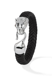 The Mens 925 Sterling Silver and Genuine Italian Leather Bracelet features a black braided band, a silver lion head clasp, and a smooth hook closure. Displayed on a white background.