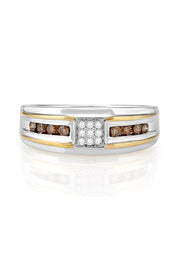 The Mens 14K 2-Tone Gold Espresso and White Diamond Ring features a square cluster of white diamonds with rows of espresso diamonds on each side, totaling 0.32 TCW for a bold, elegant look.