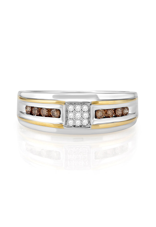 The Mens 14K 2-Tone Gold Espresso and White Diamond Ring features a square cluster of white diamonds with rows of espresso diamonds on each side, totaling 0.32 TCW for a bold, elegant look.