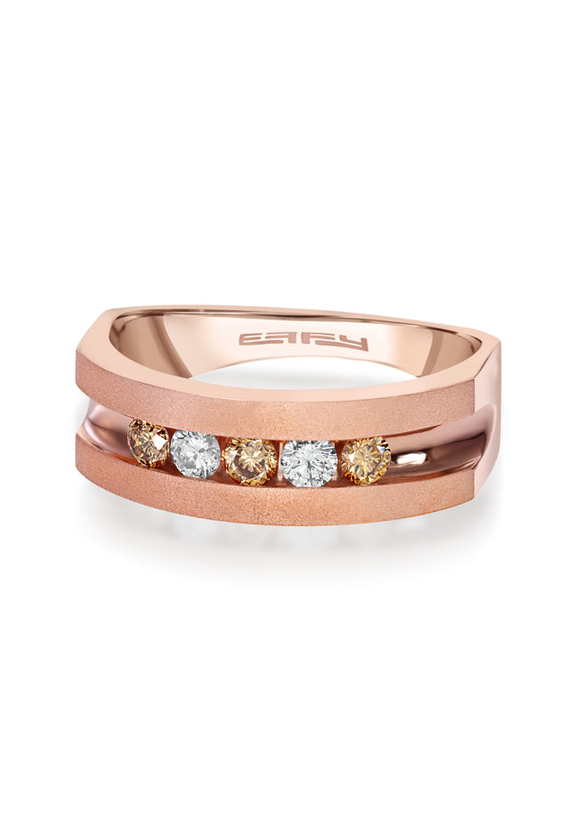Mens 14K Rose Gold Espresso and White Diamond Ring, 0.49 TCW, features a modern open band design with five round diamonds—three white and two espresso & white—set in a row between the bands.
