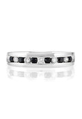 Mens 14K White Gold Black and White Diamond Ring, 0.51 TCW, featuring alternating round black and white diamonds set in a row along the band, displayed against a white background with a subtle reflection below.