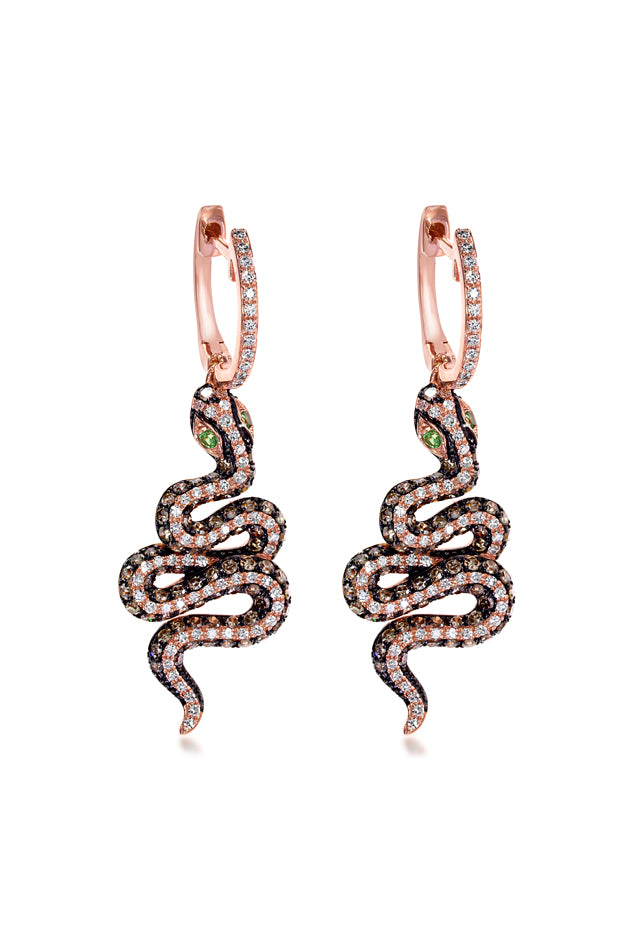 The Nature 14K Rose Gold Espresso and White Diamond Snake Earrings feature dangling snake designs with green gemstone eyes and a sparkling 1.57 TCW of brown, black, and white diamonds for added brilliance.
