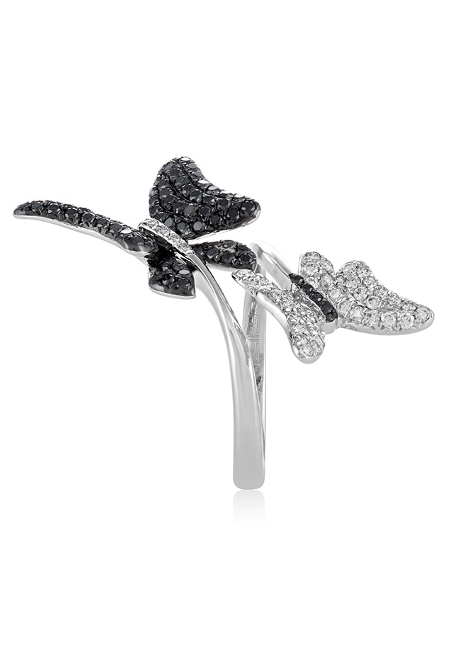 Effy Nature 14K White Gold Black and White Diamond Butterfly Ring, 1.15 TCW