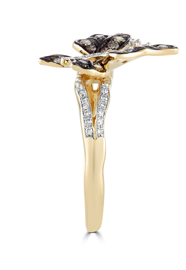 The Nature 14K Yellow Gold Espresso & White Diamond Butterfly Ring, 0.45 TCW, is beautifully displayed against a plain white background.
