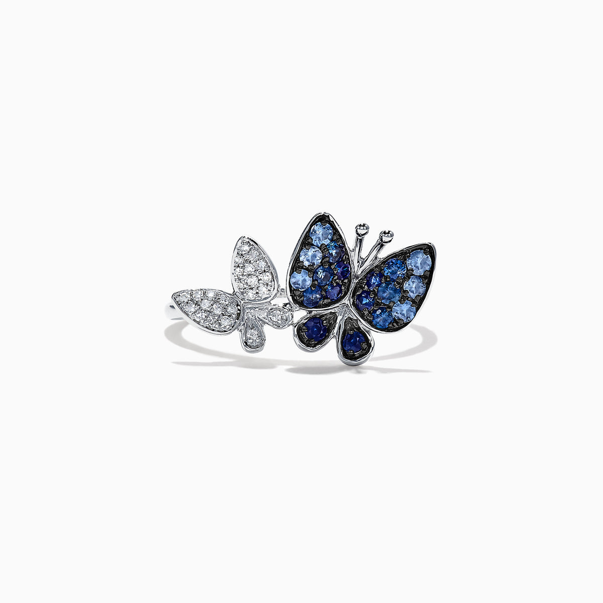 The Nature 14K White Gold Sapphire & Diamond Butterfly Ring, 0.42 TCW, showcases two butterflies—one set with diamonds and the other with blue and dark blue sapphires—against a plain white background.