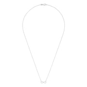 The Novelty 14K White Gold Diamond Infinity Necklace features a delicate infinity symbol pendant with 0.09 TCW diamonds, centered on a fine chain against a white background.