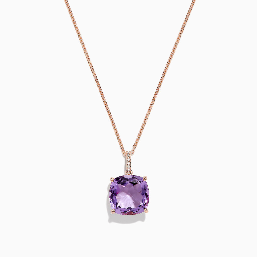 The 14K Rose Gold Amethyst and Diamond Pendant, 6.62 TCW, features a cushion-cut amethyst with diamond accents in a four-prong setting and is elegantly displayed on a white background.