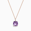 The 14K Rose Gold Amethyst and Diamond Pendant, 6.62 TCW, features a cushion-cut amethyst with diamond accents in a four-prong setting and is elegantly displayed on a white background.