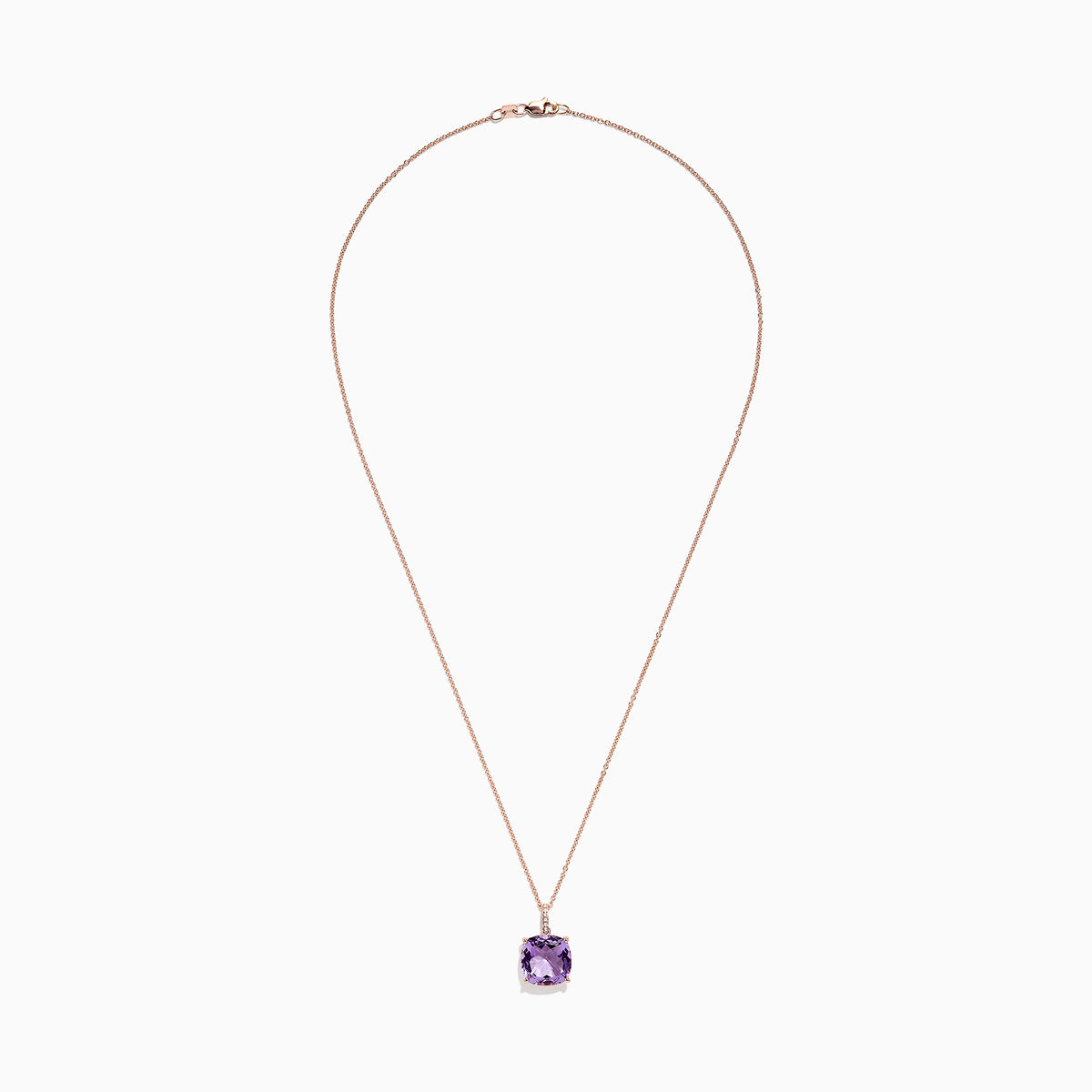 The 14K Rose Gold Amethyst and Diamond Pendant, 6.62 TCW, features a cushion-cut amethyst with diamond accents in a four-prong setting and is elegantly displayed on a white background.