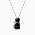 The Safari 14K White Gold Onyx and Diamond Cat Pendant (5.35 TCW) features a sitting cat design with onyx accents and sparkling diamond details, plus a blue gemstone collar, all set against a plain white background.