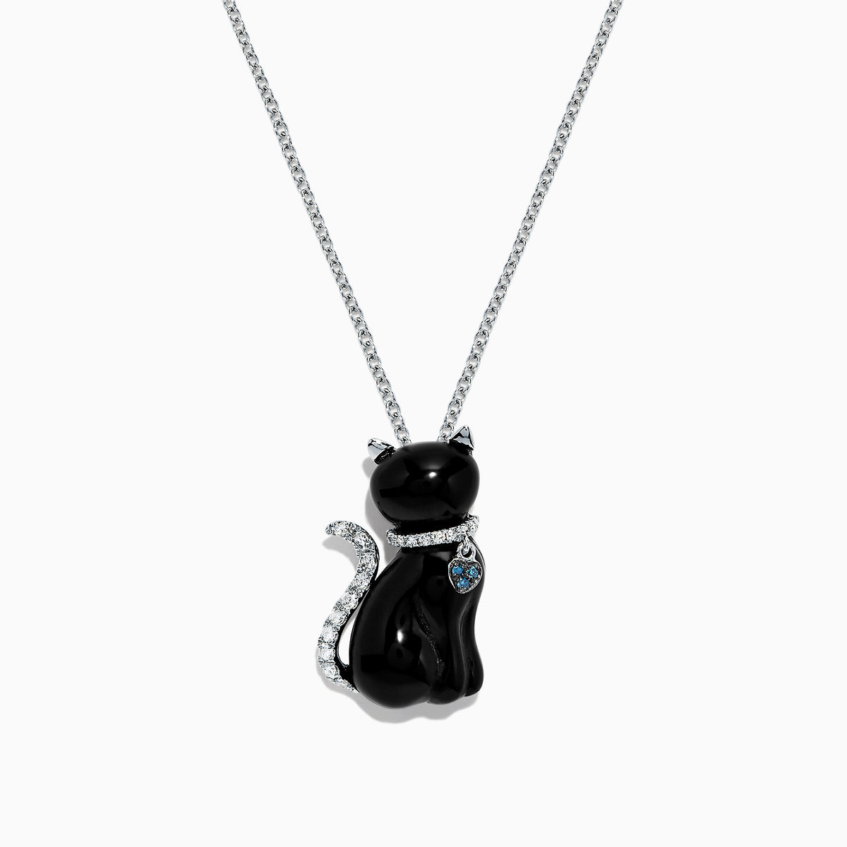 The Safari 14K White Gold Onyx and Diamond Cat Pendant (5.35 TCW) features a sitting cat design with onyx accents and sparkling diamond details, plus a blue gemstone collar, all set against a plain white background.