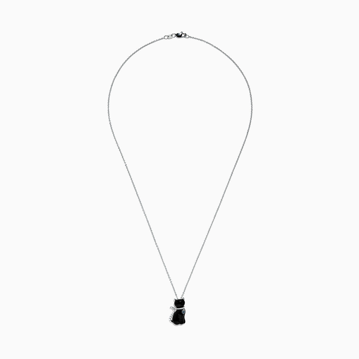 The Safari 14K White Gold Onyx and Diamond Cat Pendant (5.35 TCW) features a delicate chain and a cat-shaped onyx charm, displayed against a plain white background.