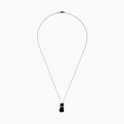 The Safari 14K White Gold Onyx and Diamond Cat Pendant (5.35 TCW) features a delicate chain and a cat-shaped onyx charm, displayed against a plain white background.