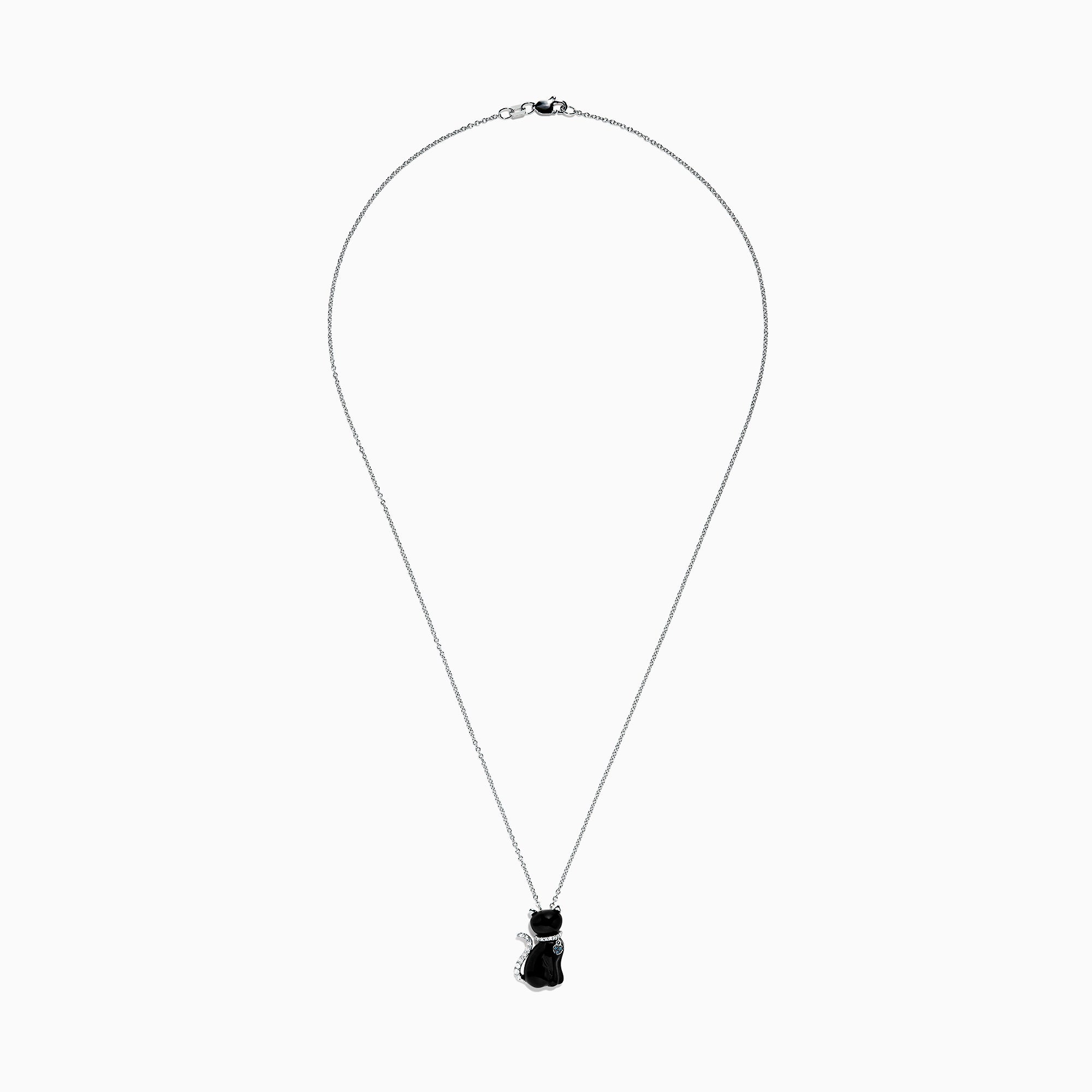 The Safari 14K White Gold Onyx and Diamond Cat Pendant (5.35 TCW) features a delicate chain and a cat-shaped onyx charm, displayed against a plain white background.
