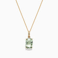 A 14K Yellow Gold Green Amethyst and Diamond Pendant (6.52 TCW) with a thin chain, featuring a rectangular faceted green amethyst accented by small diamonds above the gem, shown against a white background.