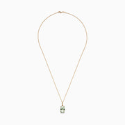 A 14K Yellow Gold Green Amethyst and Diamond Pendant (6.52 TCW) with a thin chain, featuring a rectangular faceted green amethyst accented by small diamonds above the gem, shown against a white background.