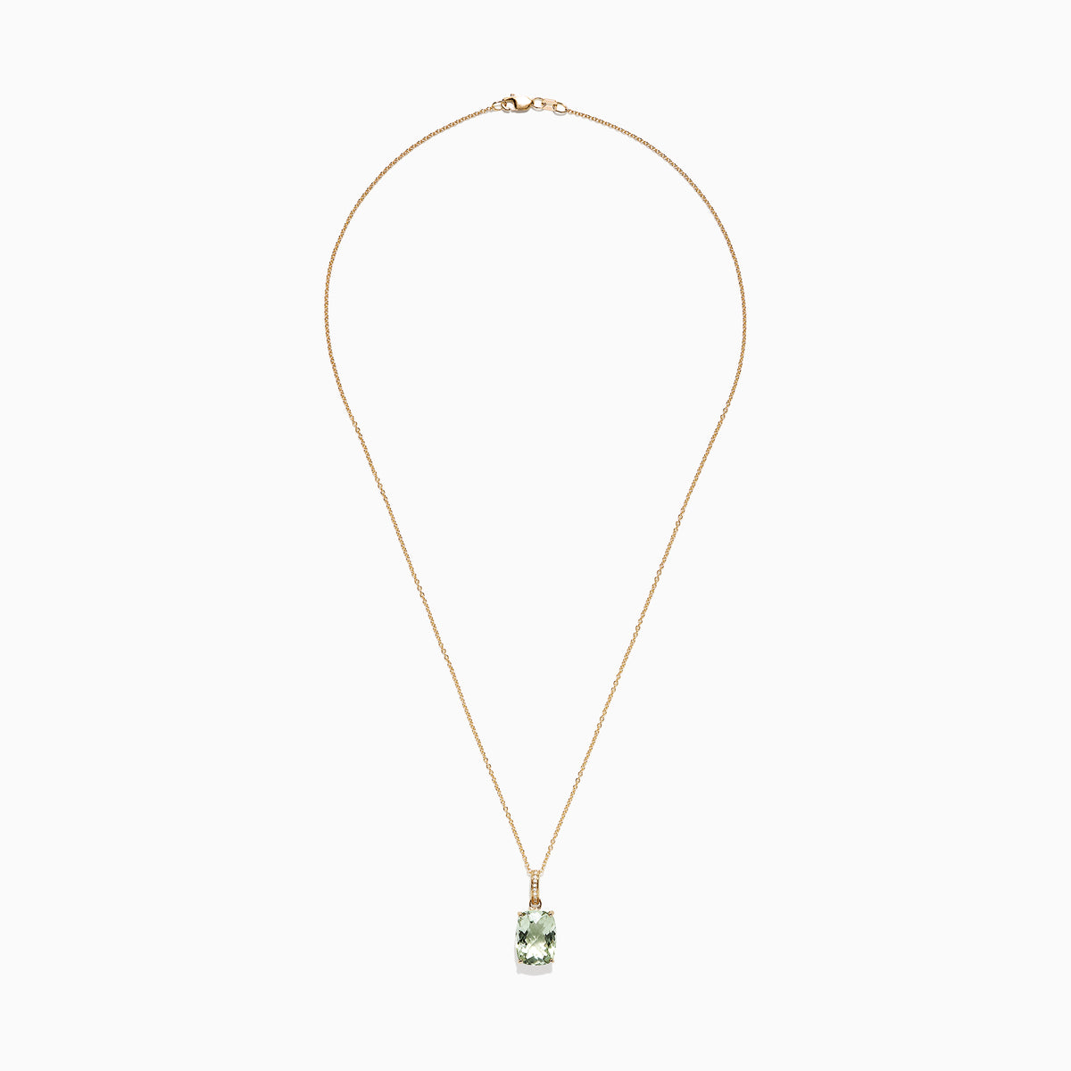 A 14K Yellow Gold Green Amethyst and Diamond Pendant (6.52 TCW) with a thin chain, featuring a rectangular faceted green amethyst accented by small diamonds above the gem, shown against a white background.