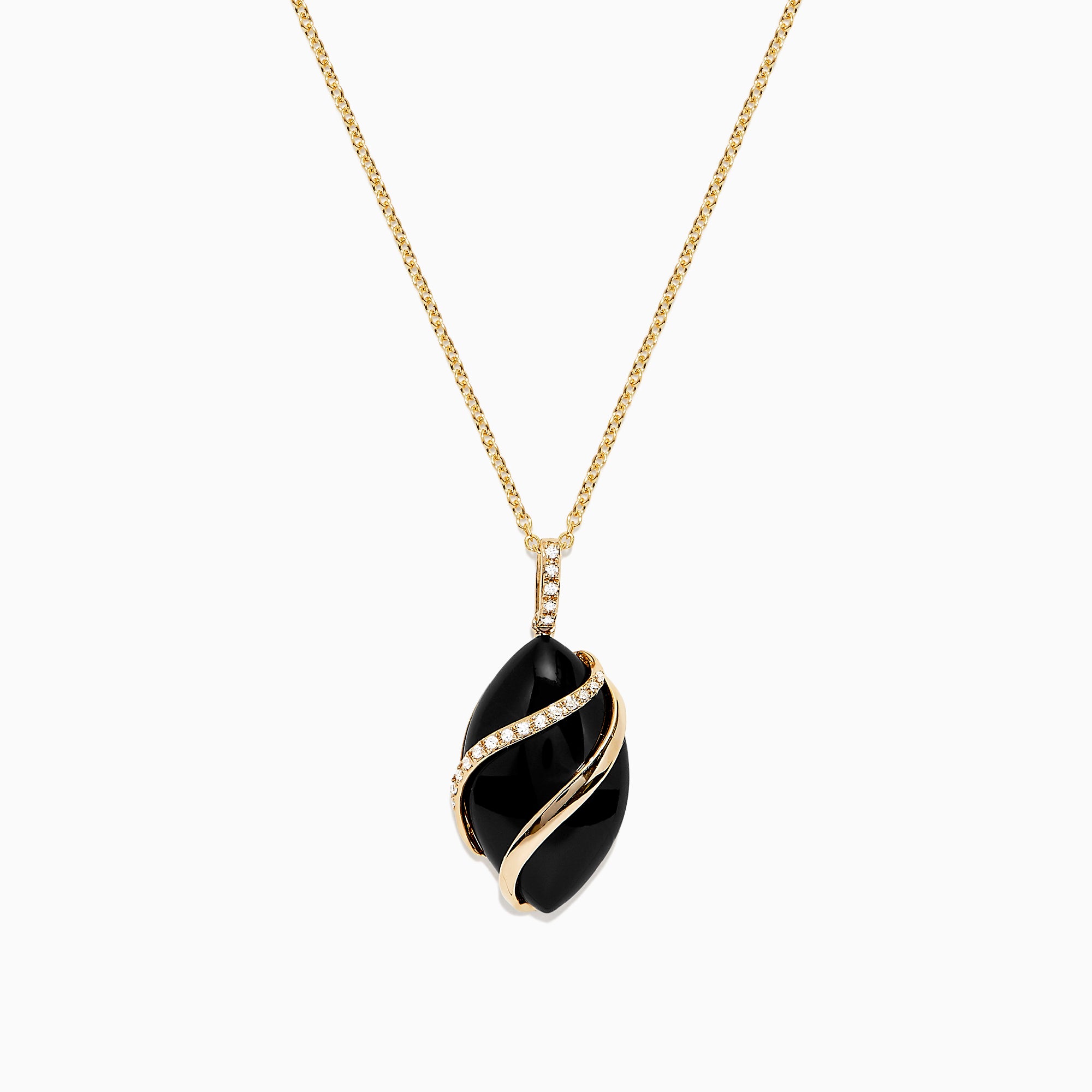 The Eclipse 14K Yellow Gold Onyx and Diamond Pendant (7.08 TCW) features a bold onyx oval wrapped in gold, accented with sparkling diamonds on both the pendant and the chain above it.
