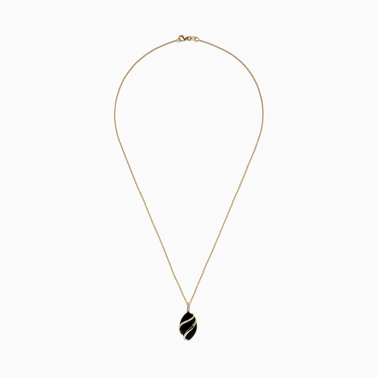 The Eclipse 14K Yellow Gold Onyx and Diamond Pendant (7.08 TCW) features a thin gold chain and a black onyx leaf-shaped pendant with a diagonal gold stripe, shown against a plain white background.