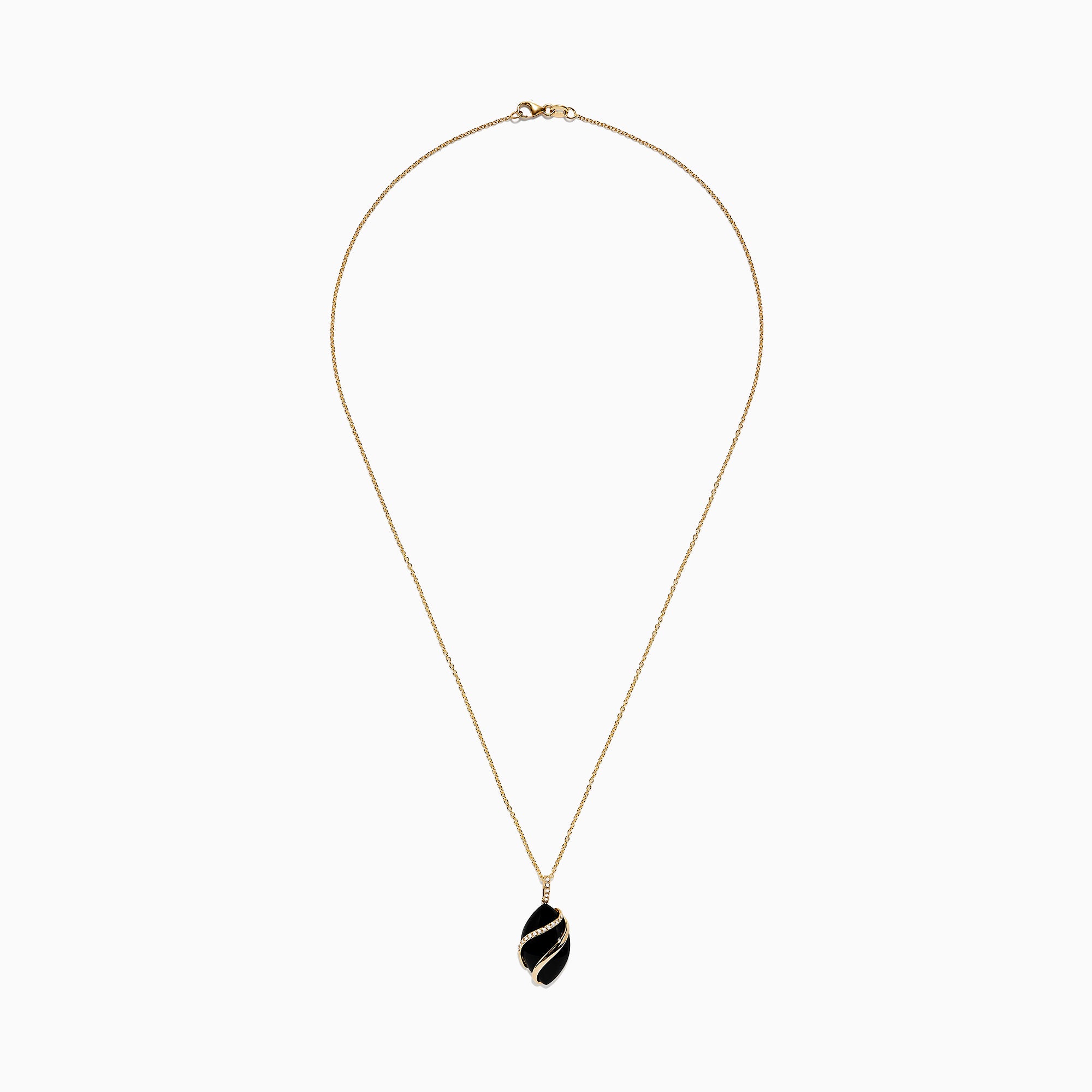 The Eclipse 14K Yellow Gold Onyx and Diamond Pendant (7.08 TCW) features a thin gold chain and a black onyx leaf-shaped pendant with a diagonal gold stripe, shown against a plain white background.