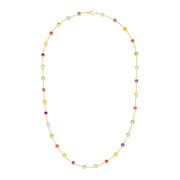 The Mosaic 14K Yellow Gold Multi Gemstone Station Necklace, 8.70 TCW, features bezel-set blue, red, green, purple, and yellow gemstones spaced along the chain and is shown on a white background.