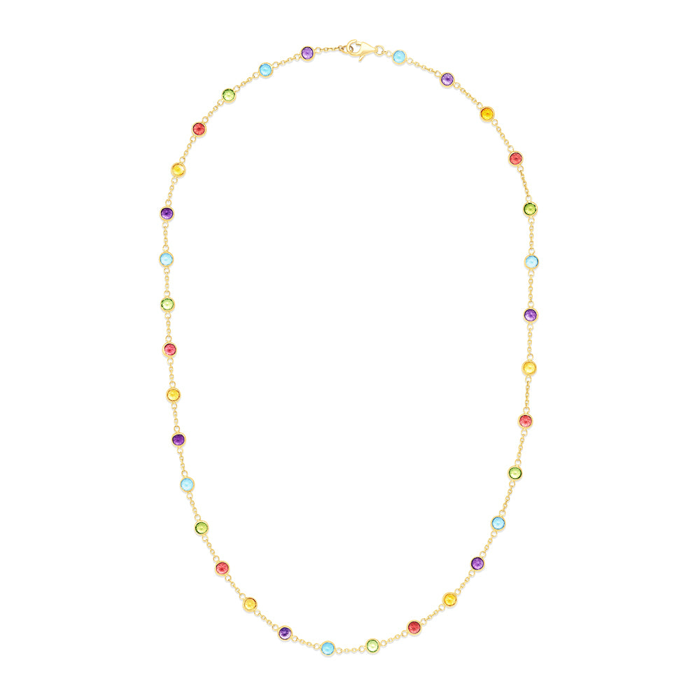 The Mosaic 14K Yellow Gold Multi Gemstone Station Necklace, 8.70 TCW, features bezel-set blue, red, green, purple, and yellow gemstones spaced along the chain and is shown on a white background.