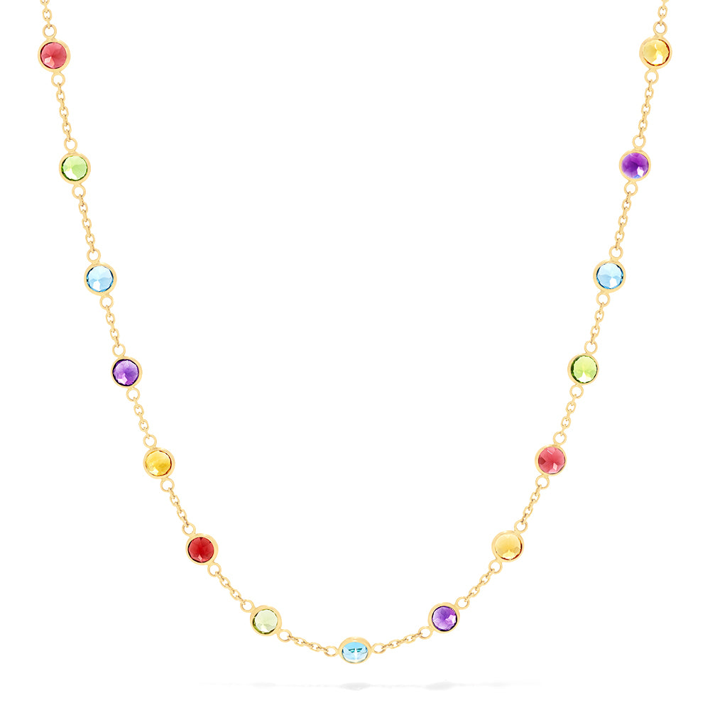 The Mosaic 14K Yellow Gold Multi Gemstone Station Necklace, 8.70 TCW, features bezel-set blue, red, green, purple, and yellow gemstones spaced along the chain and is shown on a white background.