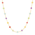 The Mosaic 14K Yellow Gold Multi Gemstone Station Necklace, 8.70 TCW, features bezel-set blue, red, green, purple, and yellow gemstones spaced along the chain and is shown on a white background.