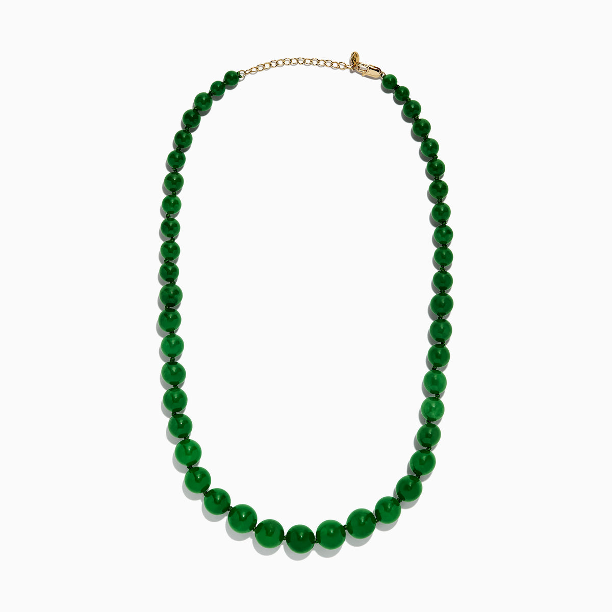 A close-up of a 14K Yellow Gold Jade Necklace, 339.00 TW, arranged in a curved shape against a white background.
