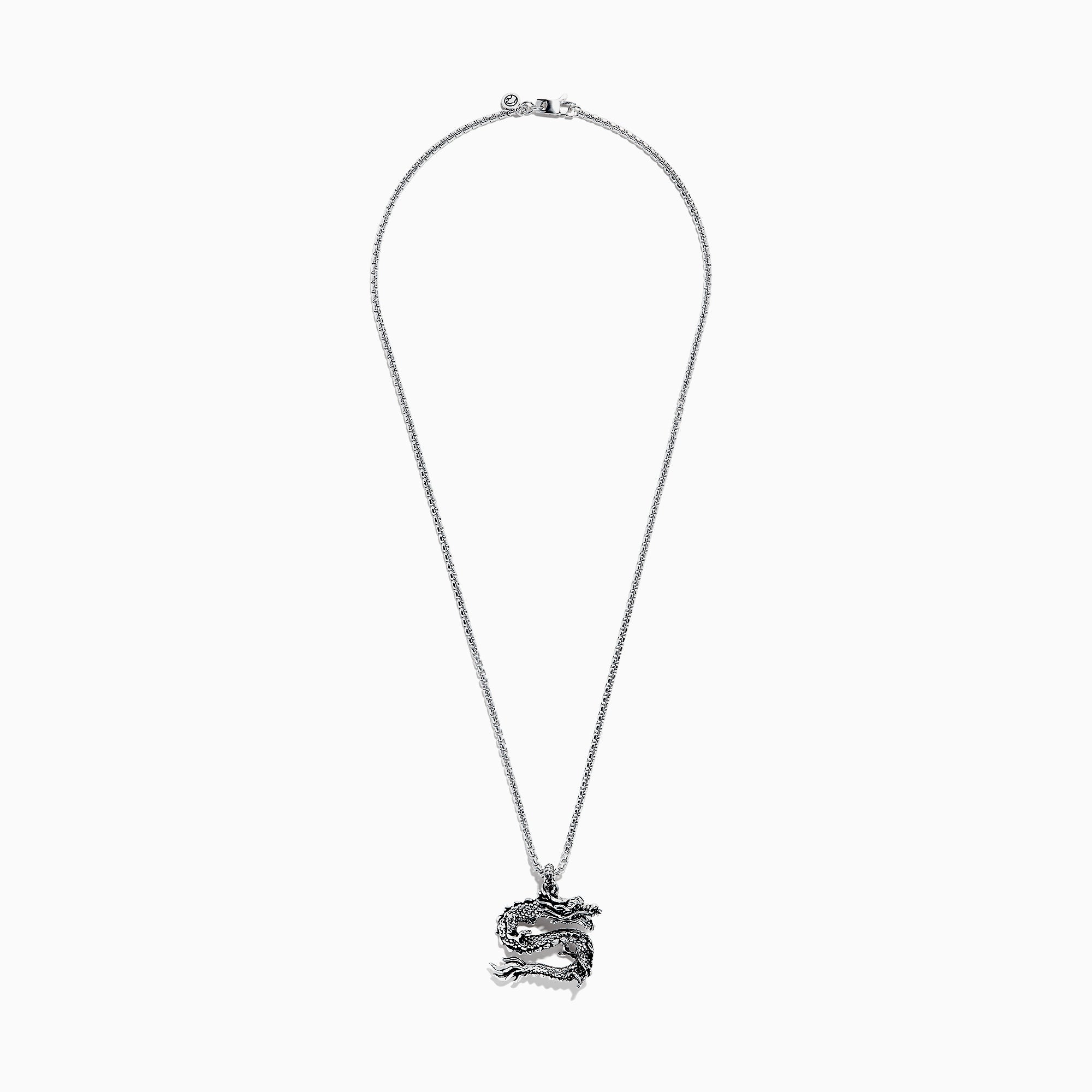 The Mens Sterling Silver Dragon Pendant features an intricately detailed dragon with textured scales, suspended from a box-link chain—a bold and captivating statement piece.