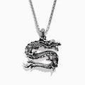 The Mens Sterling Silver Dragon Pendant features an intricately detailed dragon with textured scales, suspended from a box-link chain—a bold and captivating statement piece.