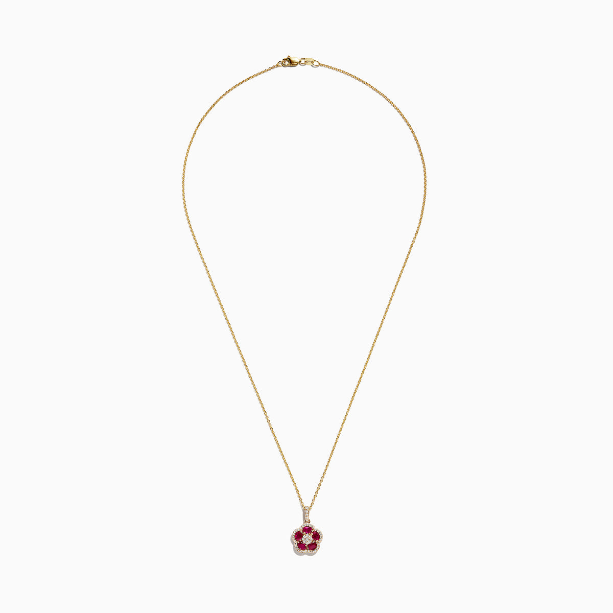 The Ruby Royale 14K Yellow Gold Ruby and Diamond Flower Pendant, 1.43 TCW, features a delicate gold chain with a flower-shaped pendant adorned with ruby gemstones and a central diamond, shown on a plain white background.