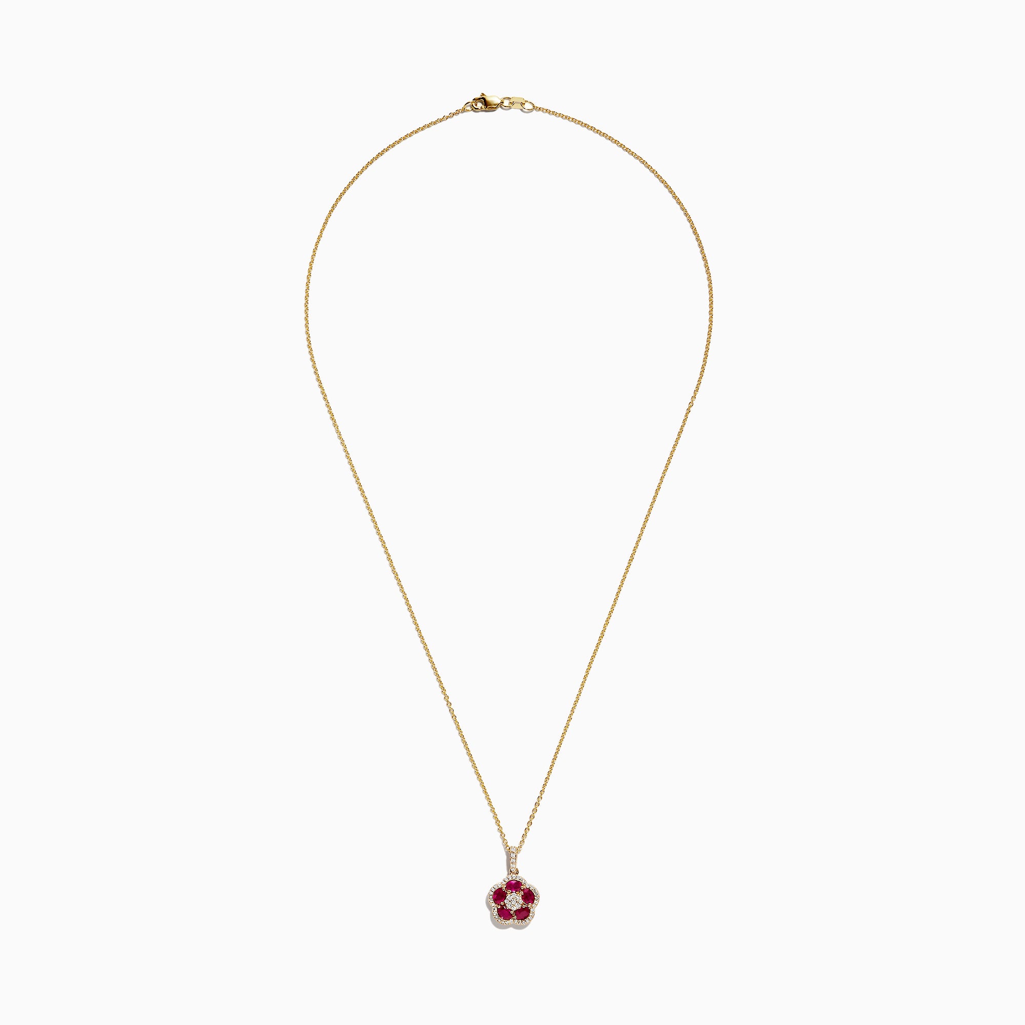 The Ruby Royale 14K Yellow Gold Ruby and Diamond Flower Pendant, 1.43 TCW, features a delicate gold chain with a flower-shaped pendant adorned with ruby gemstones and a central diamond, shown on a plain white background.