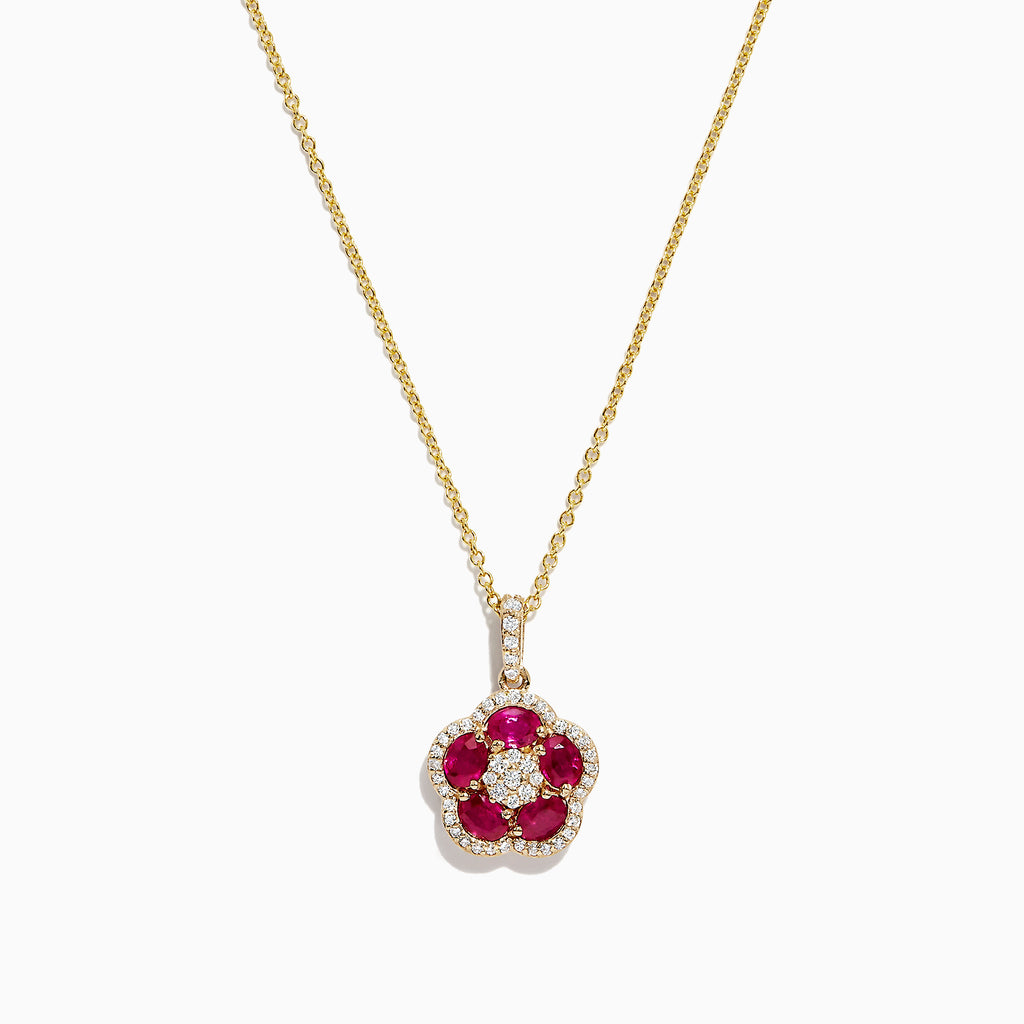 The Ruby Royale 14K Yellow Gold Ruby and Diamond Flower Pendant (1.43 TCW) features round rubies and diamond accents in a flower design, showcased on a white background.