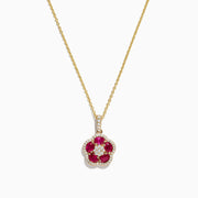 The Ruby Royale 14K Yellow Gold Ruby and Diamond Flower Pendant (1.43 TCW) features round rubies and diamond accents in a flower design, showcased on a white background.