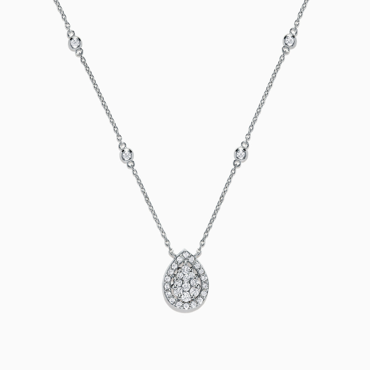 The Pave Classica 14K White Gold Diamond Necklace, 0.41 TCW, features a sparkling teardrop pendant adorned with diamonds and evenly spaced round diamond accents along the chain for an elegant look.