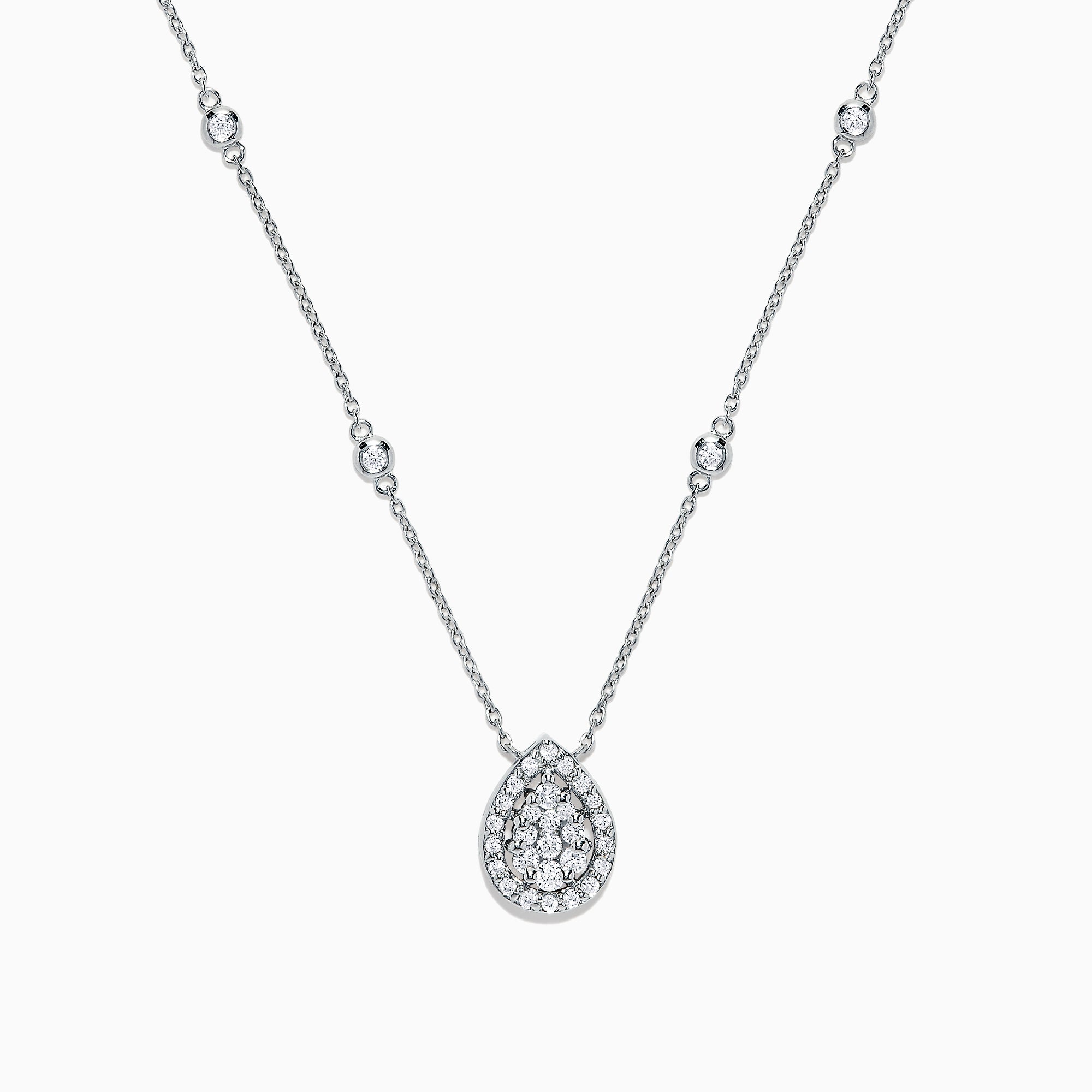The Pave Classica 14K White Gold Diamond Necklace, 0.41 TCW, features a sparkling teardrop pendant adorned with diamonds and evenly spaced round diamond accents along the chain for an elegant look.