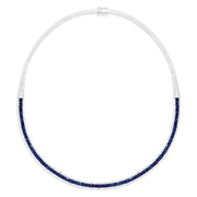 A close-up of the Royale Bleu 14K White Gold Sapphire and Diamond Necklace (11.21 TCW) showcases its elegant, symmetrical design with square sapphires bordered by sparkling diamonds.