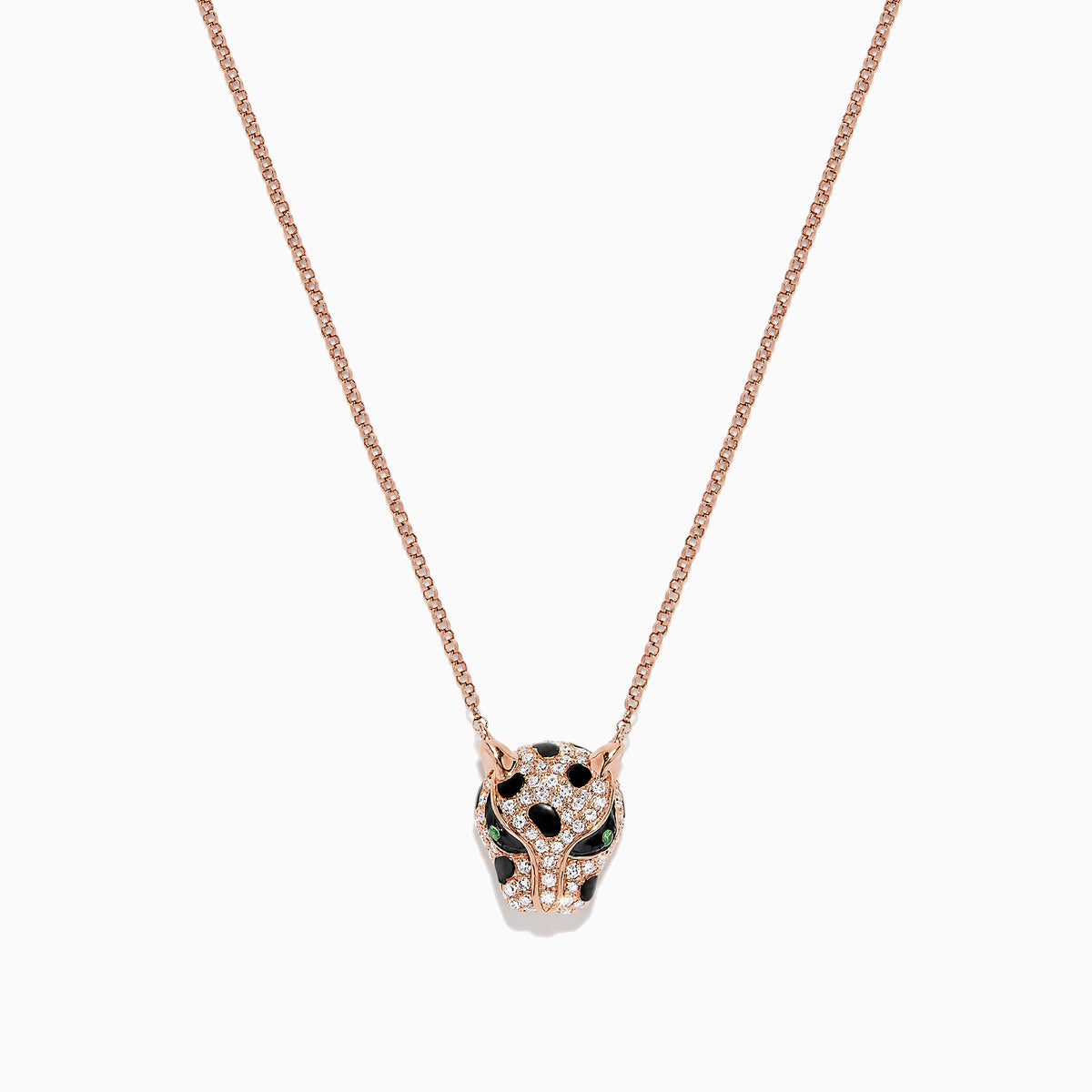 The Signature 14K Rose Gold Diamond and Tsavorite Panther Head Necklace, 0.33 TCW, features a panther’s head adorned with sparkling diamonds, vivid tsavorite eyes, and bold black accents.