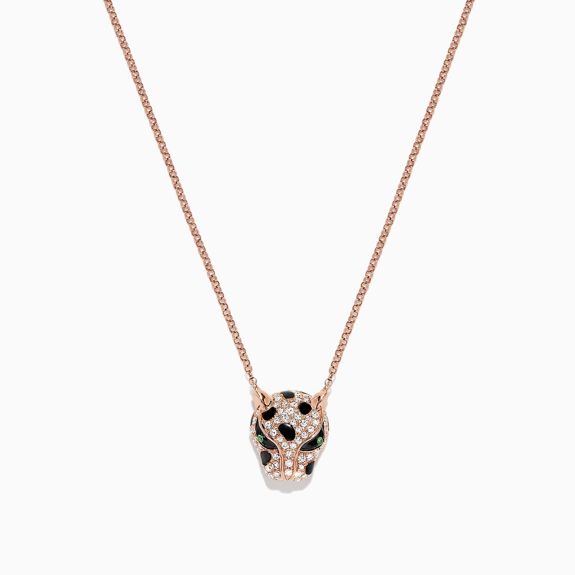 The Signature 14K Rose Gold Diamond and Tsavorite Panther Head Necklace, 0.33 TCW, features a panther’s head adorned with sparkling diamonds, vivid tsavorite eyes, and bold black accents.