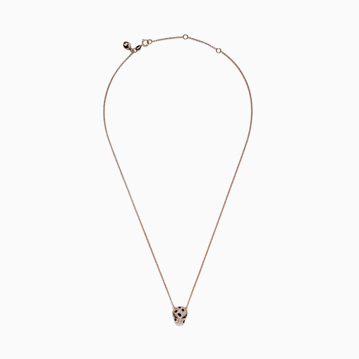 The Signature 14K Rose Gold Diamond and Tsavorite Panther Head Necklace, 0.33 TCW, features a panther’s head adorned with sparkling diamonds, vivid tsavorite eyes, and bold black accents.