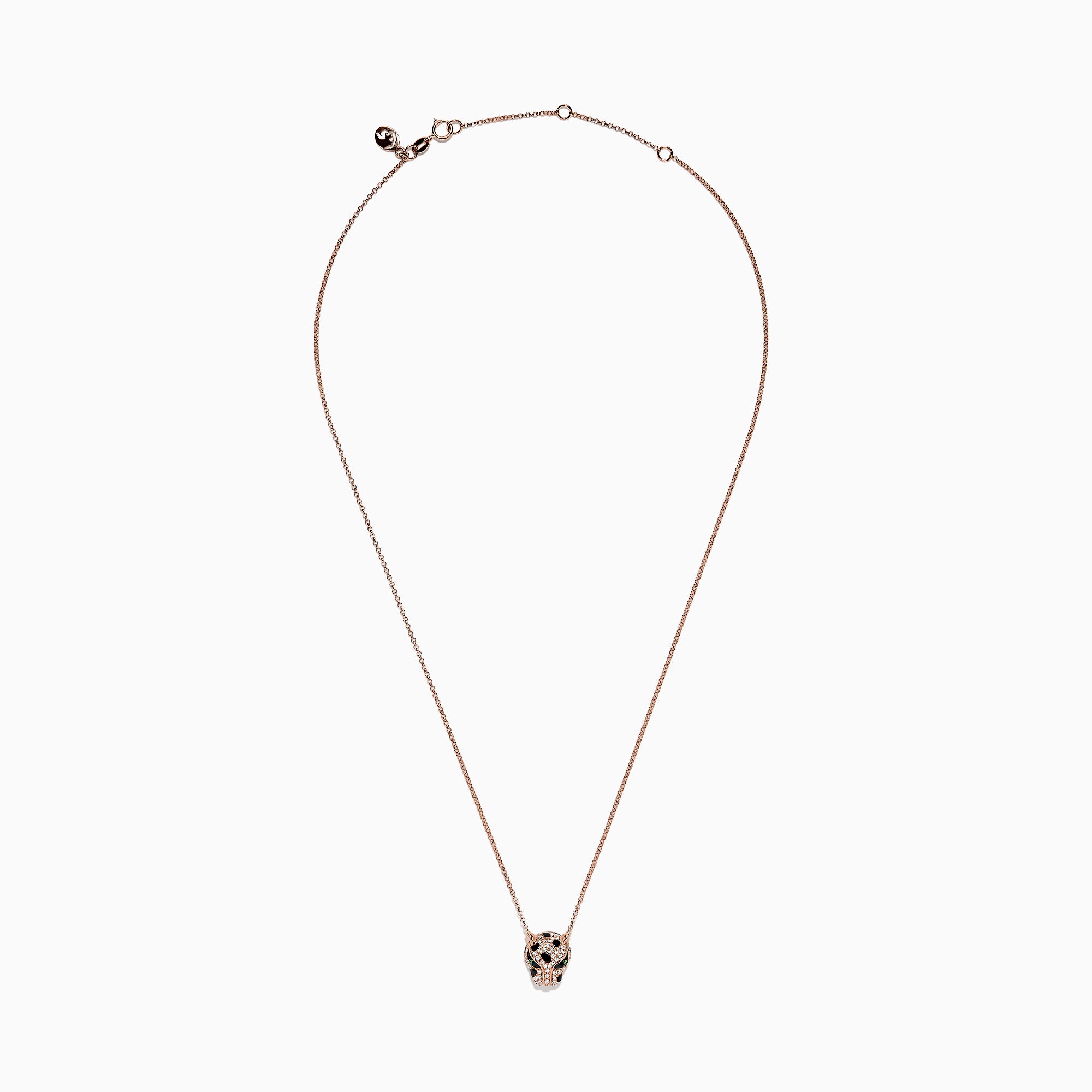 The Signature 14K Rose Gold Diamond and Tsavorite Panther Head Necklace, 0.33 TCW, features a panther’s head adorned with sparkling diamonds, vivid tsavorite eyes, and bold black accents.