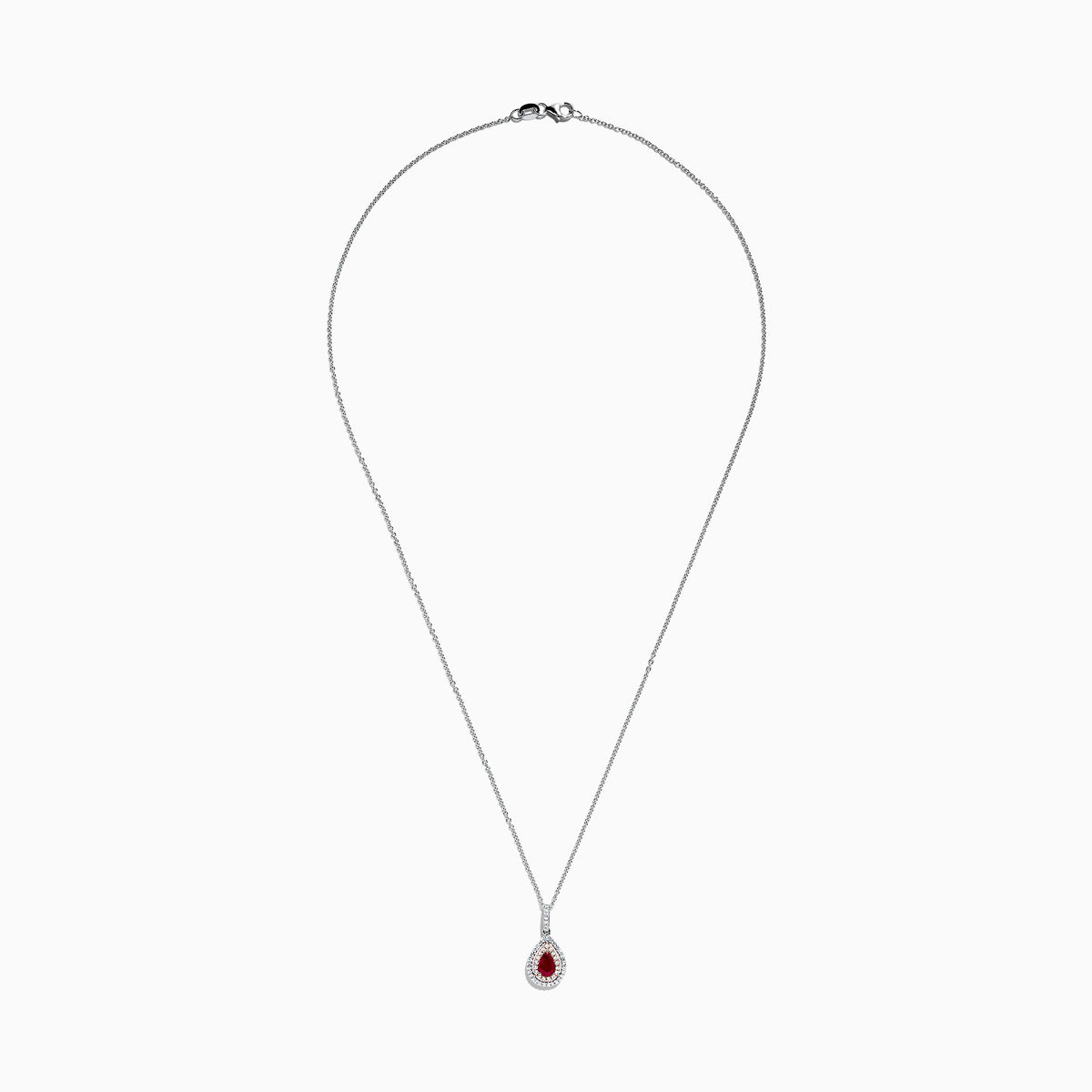 The Ruby Royale 14K Two Tone Gold Pear Shaped Ruby Pendant (0.68 TCW) features a stunning ruby, accented by small clear stones, showcased on a white background.