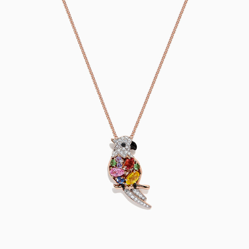 The Safari 14K Rose Gold Multi Sapphire & Diamond Parrot Pendant (1.23 TCW) features a parrot set with sapphires and diamonds on its tail and head, hanging from a fine chain, shown against a white background.