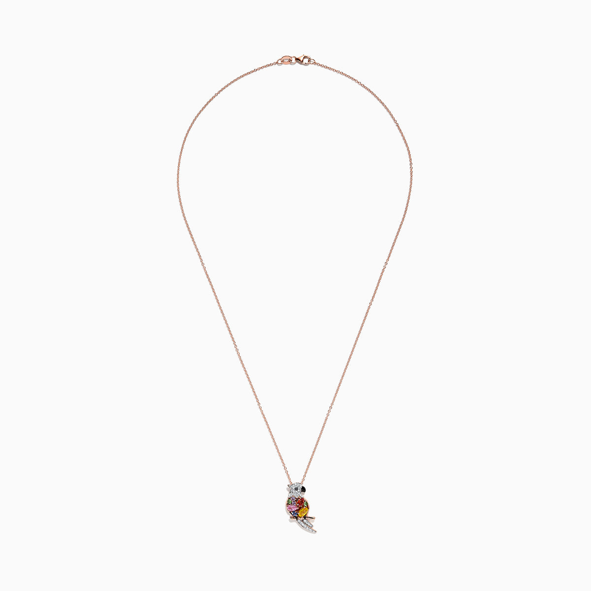 The Safari 14K Rose Gold Multi Sapphire & Diamond Parrot Pendant (1.23 TCW) features a parrot set with sapphires and diamonds on its tail and head, hanging from a fine chain, shown against a white background.