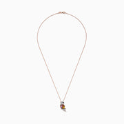 The Safari 14K Rose Gold Multi Sapphire & Diamond Parrot Pendant (1.23 TCW) features a parrot set with sapphires and diamonds on its tail and head, hanging from a fine chain, shown against a white background.