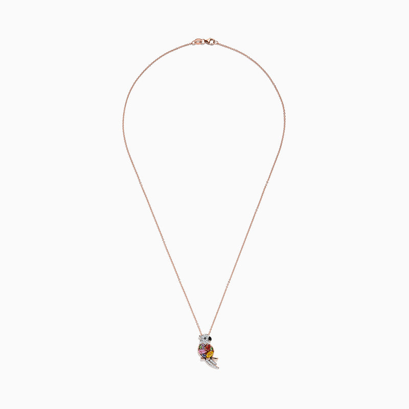 The Safari 14K Rose Gold Multi Sapphire & Diamond Parrot Pendant (1.23 TCW) features a parrot set with sapphires and diamonds on its tail and head, hanging from a fine chain, shown against a white background.